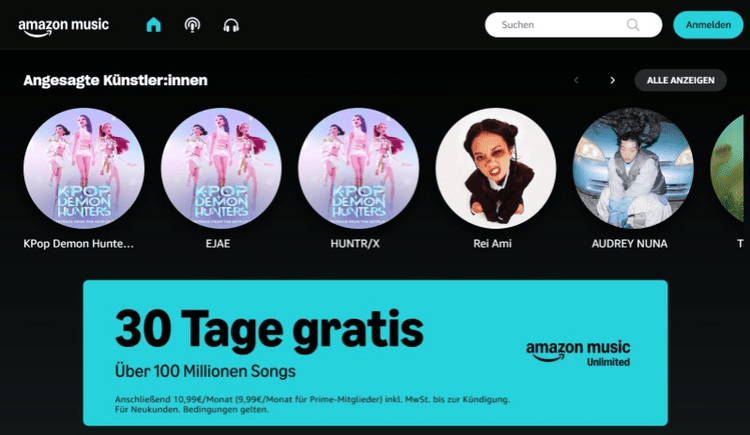 30-tägige Test von Amazon Music Unlimited