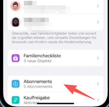 Auf Abonnements tippen und Auflistung ansehen