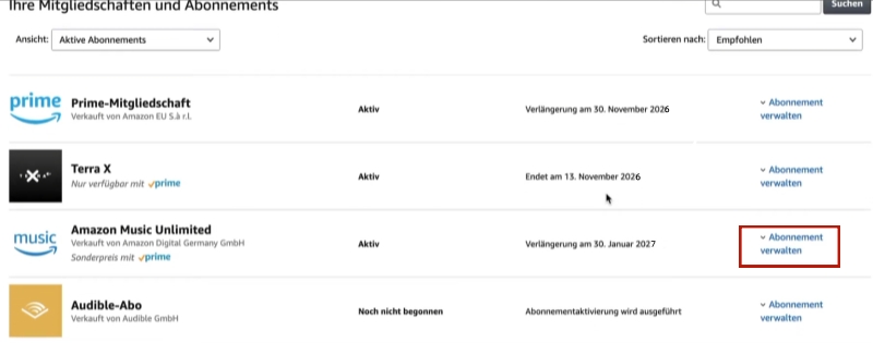 Abonnement verwalten in Amazon