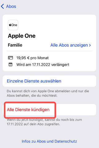 Alle Dienste kündigen bei Apple One