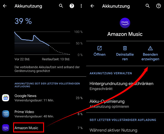 Amazon Music Beenden erzwingen bei Android