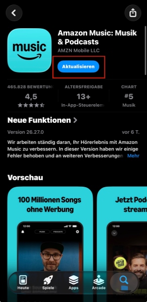 Amazon Music in App Store auf die neueste Version aktualisieren