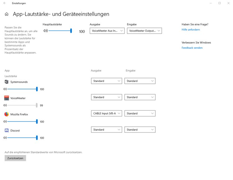 App-Lautstärke und Geräteeinstellungen