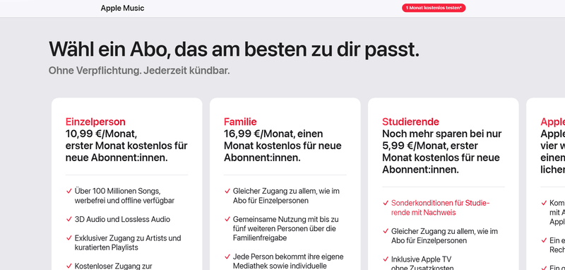Abo-Preise von Apple Music