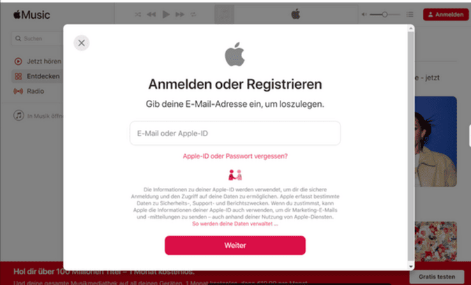 Erneut anmelden beim Apple Music Konto
