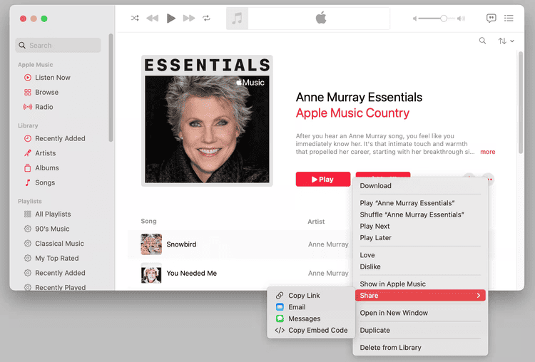 Teilen-Menü einer Apple Music Playlist auf dem Mac