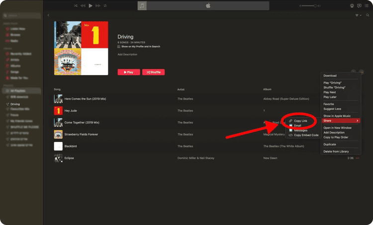 Teilen-Menü in der Apple-Music-App für Windows