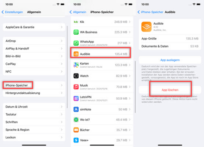 Die Audible App unter iOS deinstallieren und neu laden