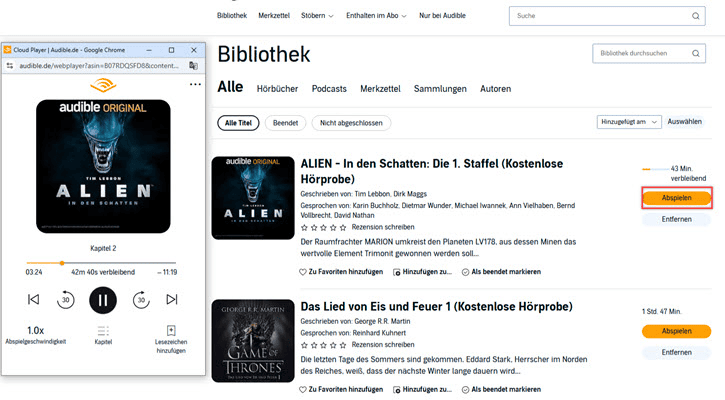 Audible-Hörbuch mit dem Cloud Player im Browser online hören