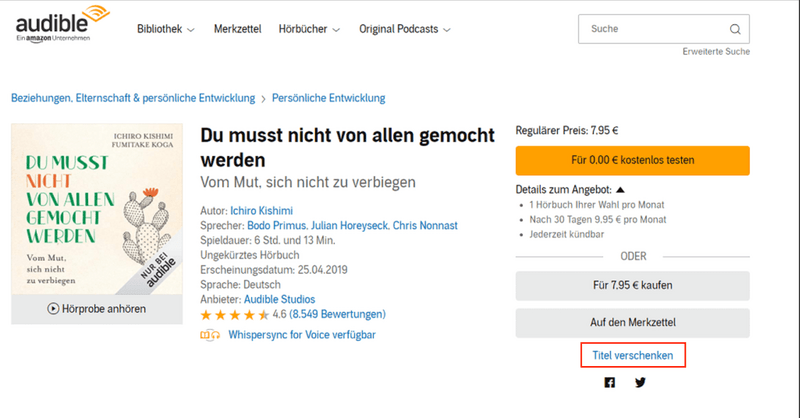 Die Schaltfläche Titel verschenken im Shop anklicken