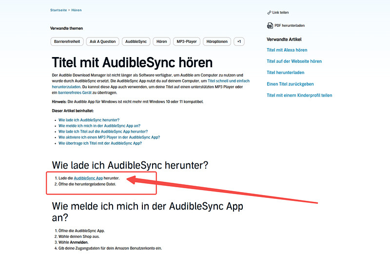 AudibleSync über die Hilfe-Seite herunterladen