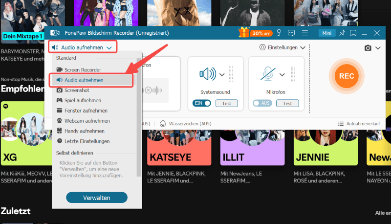 In FonePaw „Audio aufnehmen“ auswählen 