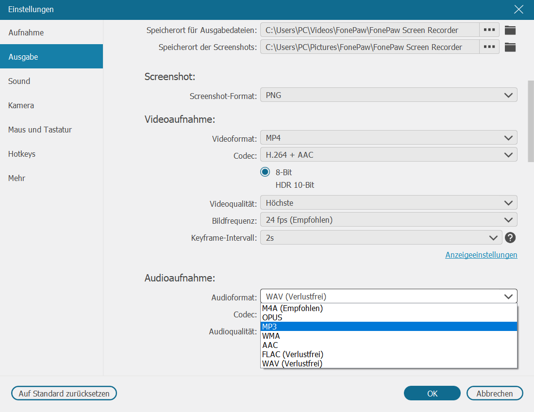 Audioformat als MP3 einstellen