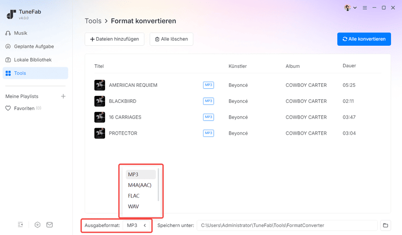 Ausgabeformat festlegen