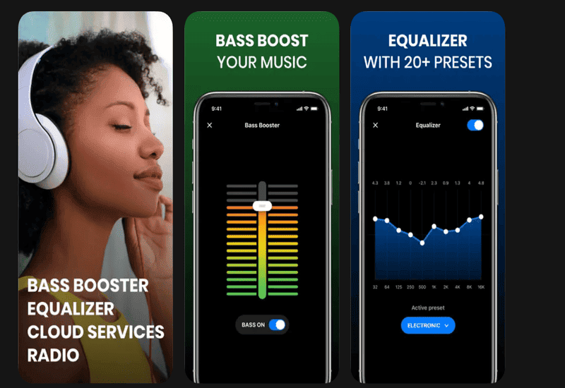 Werbegrafik für eine Bass-Booster-App mit Equalizer-Presets und Cloud-Service-Anbindung.