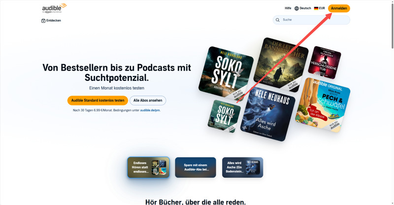Bei Audible auf der Website anmelden