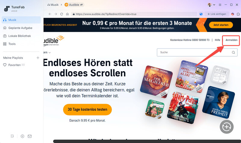 Bei Audible in TuneFab anmelden