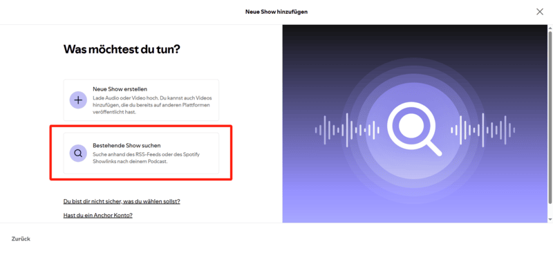 Bestehende Show auf Spotify suchen