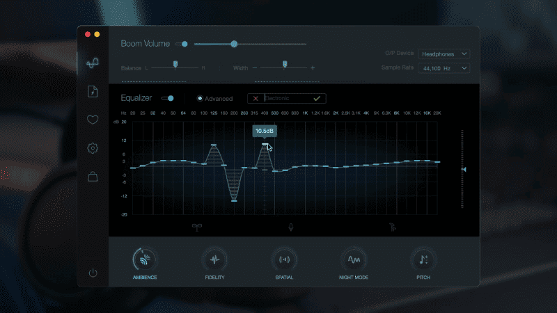 Benutzeroberfläche der Boom für Mac mit 3D-Surround-Sound und Bass-Boost-Funktionen.