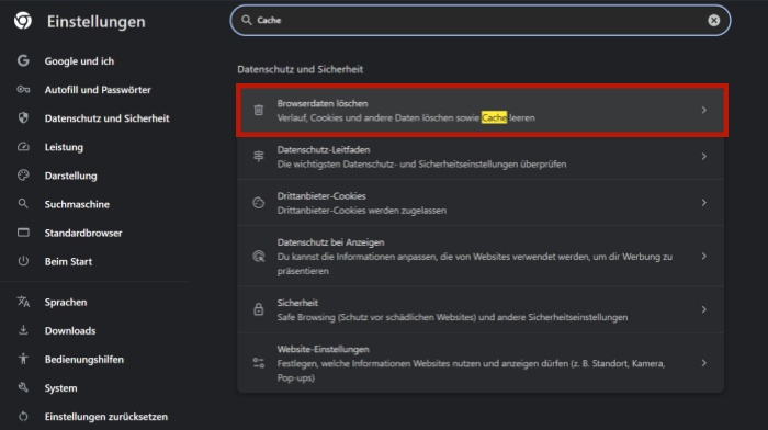 Cache löschen im Chrome-Browser