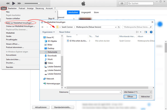 Datei zur Mediathek hinzufügen in iTunes
