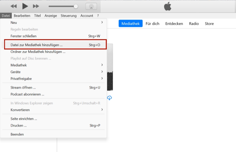 Datei zur Mediathek hinzufügen in iTunes