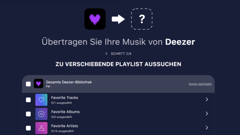 Deezer-Playlist in TuneMyMusic auswählen
