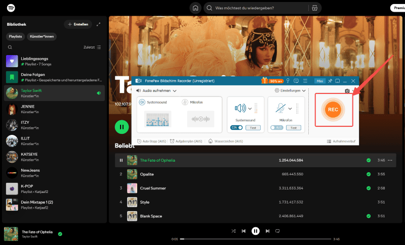 Die Aufnahme von Spotify-Musik mit FonePaw starten