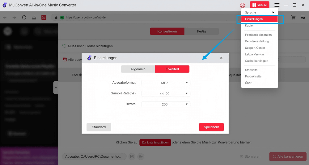 Die Parameter wie Bitrate und Samplerate einstellen