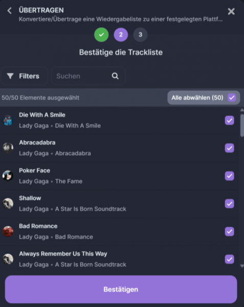 Die zu exportierenden Titel bestätigen in Soundiiz