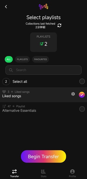 Die zu übertragende Playlist wählen