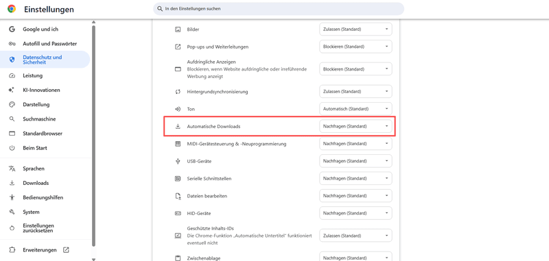 Download-Berechtigungen des Browsers prüfen