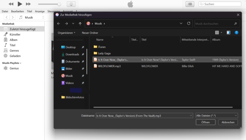 Eigene Musik in iTunes öffnen