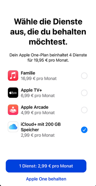 Einzelne Dienste kündigen bei Apple One