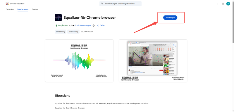 Download-Seite der Equalizer Erweiterung für Google Chrome zur Lautstärkeregelung.