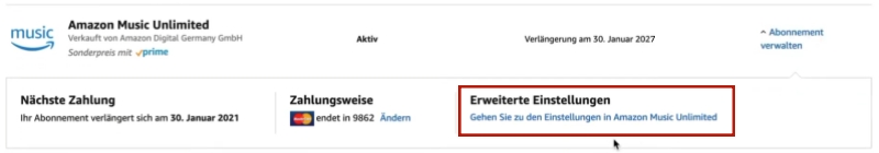 Erweiterte Einstellungen in Amazon