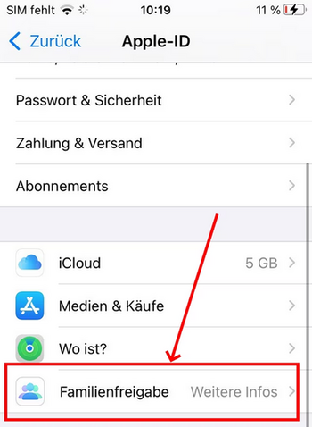 Familienfreigabe wählen