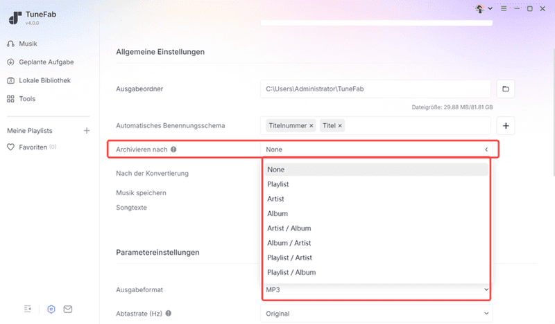 Kategorisierte Ausgabe TuneFab Apple Music Converter