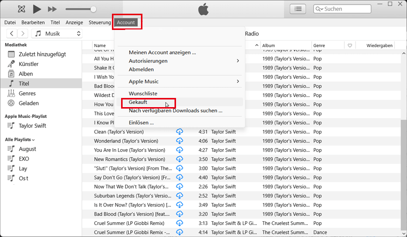 gekaufte Songs von iTunes Store