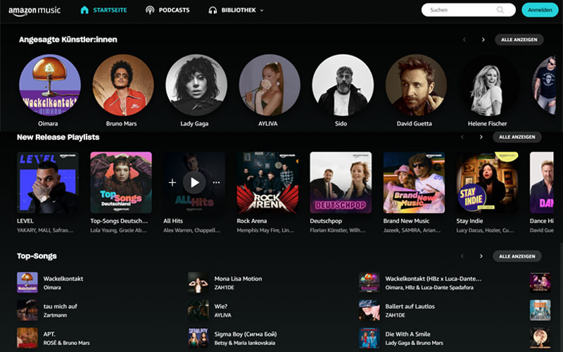 Hauptoberfläche von Amazon Music