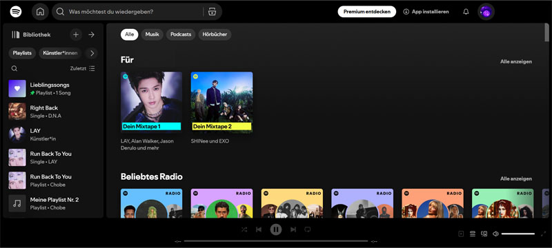Hauptoberfläche von Spotify