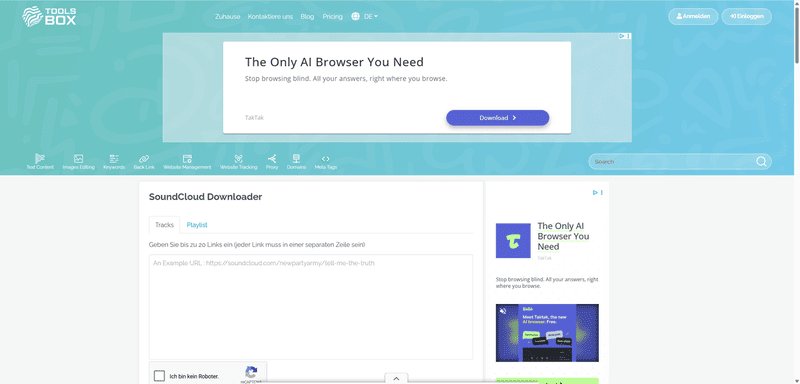 Hauptseite von ToolsBox Downloader