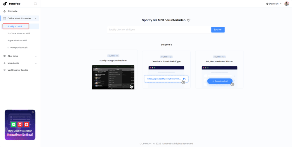 Hauptseite von TuneFab Online Music Converter