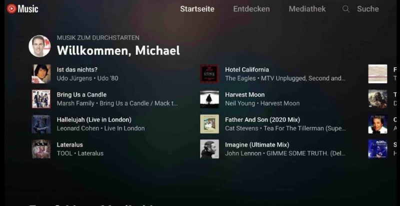 Die Hauptseite von YouTubr Music