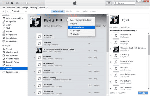 Hörbuchdateien zu einer neuen iTunes-Playlist hinzufügen