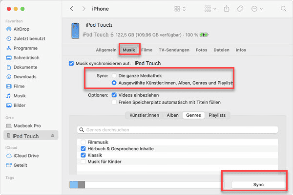 Hörbücher im Finder synchronisieren