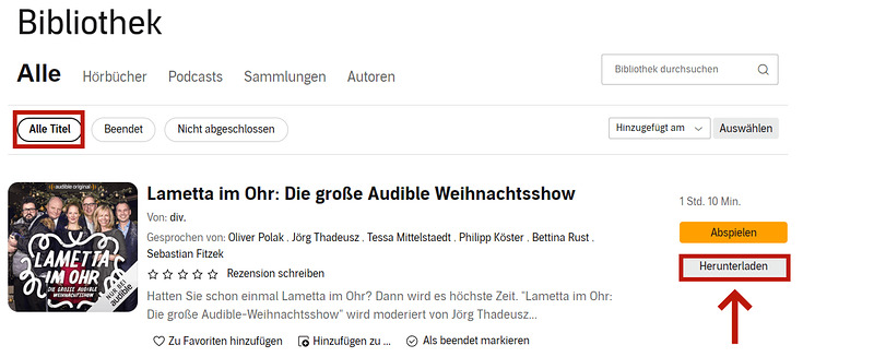 Hörbücher in der Webversion von Audible herunterladen