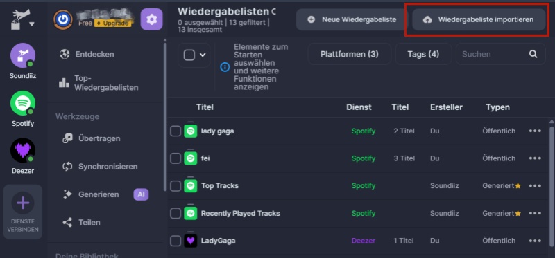 in Soundiiz Wiedergabeliste importieren