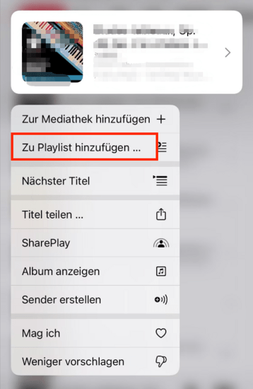 Auswahl der Option „Zur Playlist hinzufügen“ im Kontextmenü