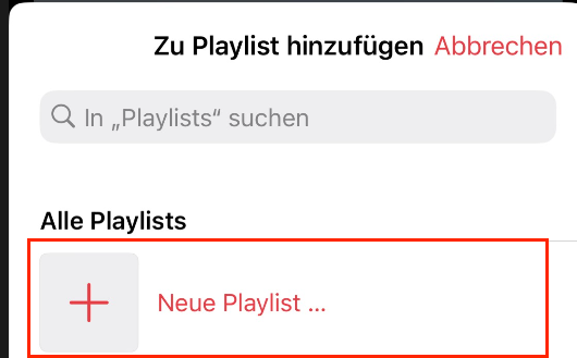 Eingabe des Namens der neuen Playlist